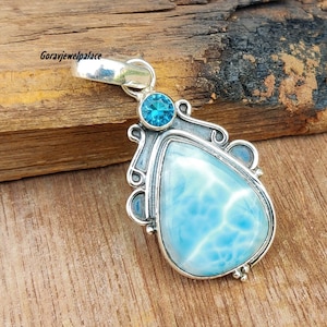 Natural Larimar Pendant, 925 Sterling Silver Pendant, Blue Topaz Pendant, Designer Pendant, Handmade Gift Pendant, Necklace For Women,