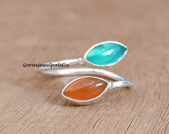 Karneol-Ring, 925 Sterling Silber Ring, handgefertigter Ring, Silber-Band-Ring, Damen-Ring, verstellbarer Ring, Zwei-Stein-Ring, Chalcedon-Ring.