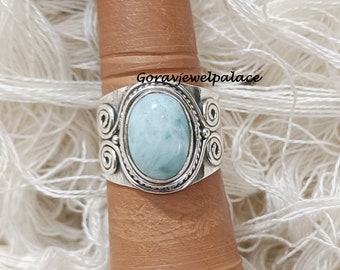 Larimar Ring, Designer Band Ring, 925 Sterling Silver Ring,Handmade Ring,Events Ring,Women Ring, Oval Stone Ring, Beautiful Gift Ring