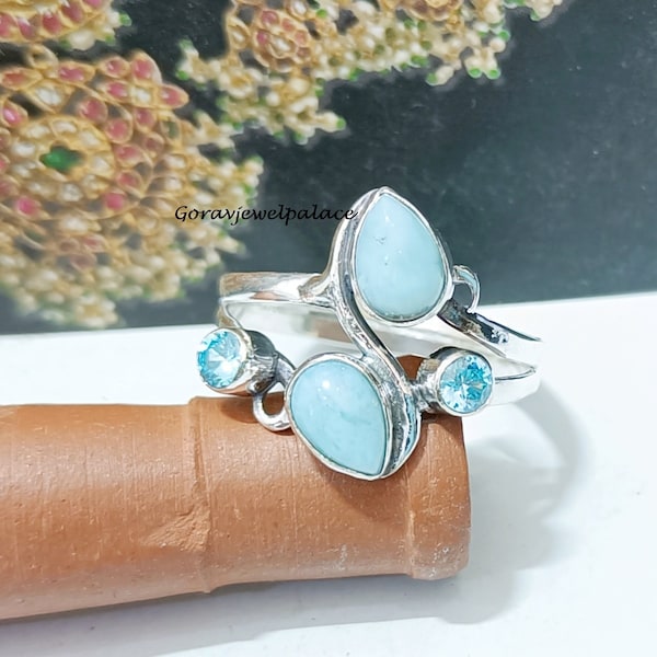 Handmade Larimar & Blue Topaz Ring: 925 Sterling Silver Band