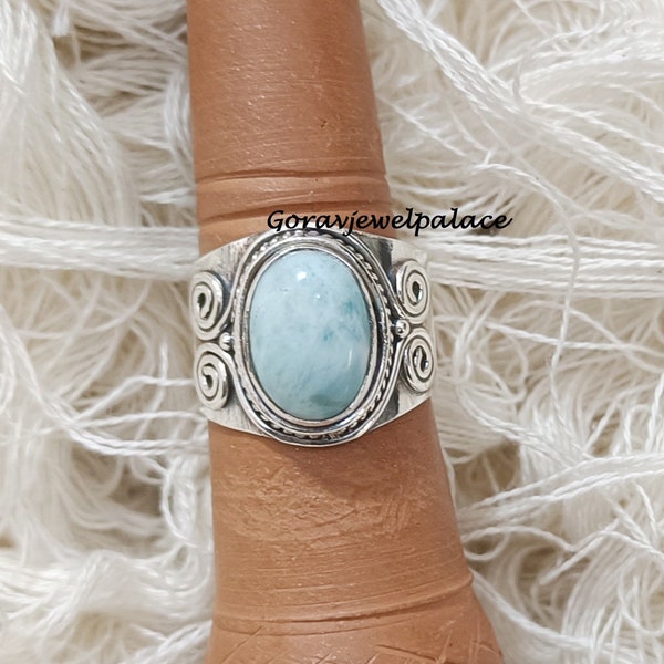 Larimar Ring, Designer Band Ring, 925 Sterling Silver Ring,Handmade Ring,Events Ring,Women Ring, Oval Stone Ring, Beautiful Gift Ring