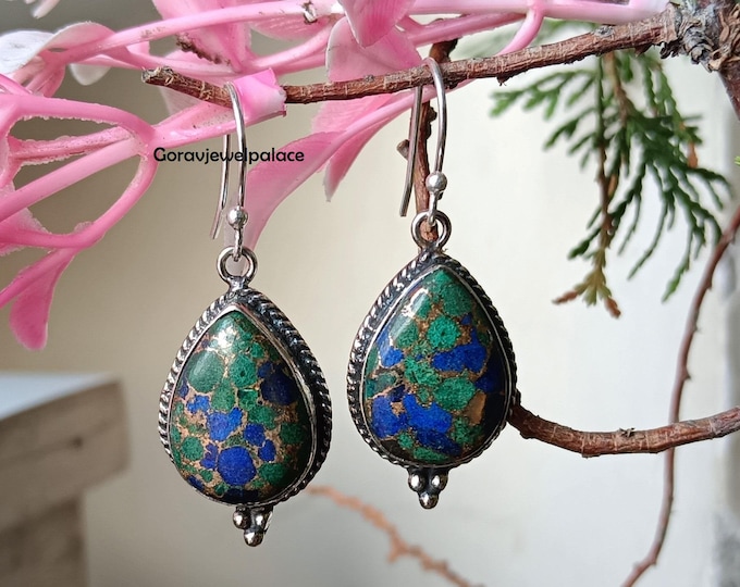 Azurite Malachite Dangle Earrings: Handmade 925 Sterling Silver