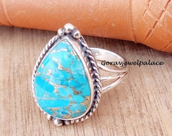 Handmade Pear Copper Turquoise Ring: Sterling Silver Boho Jewelry