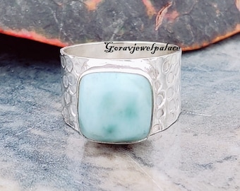 Gehamerde larimar-bandring: handgemaakt 925 sterlingzilver