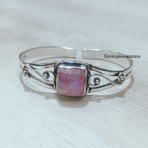 Rosa Mondstein Armreif, verstellbare Manschette Handgemachtes 925 Sterling Silber Armband, Weihnachtsgeschenke für sie, Frauen Armreif rosa Schmuck, Designer