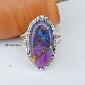 Purple Copper Turquoise Ring, 925 Silver Ring, Handmade Ring, Oval Gemstone Ring, Women Gift Jewelry, Designer Band Ring, Boho Gift Ring,