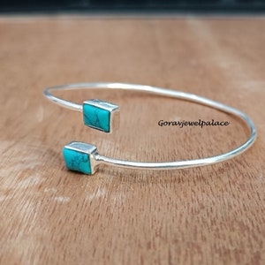 Turquoise Sterling Silver Bangle: Adjustable Open Cuff Boho Bangle