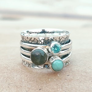 Labradorite Spinner Ring: Sterling Silver, Larimar & Blue Topaz