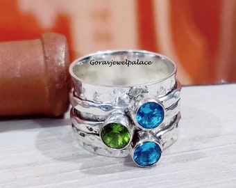 Blue Topaz Ring, 925 Silver Ring, Peridot Ring, Handmade Ring, Spinner Ring, Boho Ring, Meditation Ring, Three Stone Ring, Gift For Wife