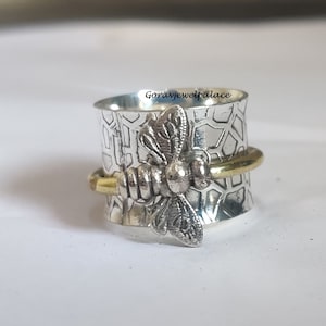 Anillo giratorio de abeja de plata esterlina: banda de meditación de panal de latón