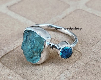 Aquamarin und Blautopas Ring, 925 Sterling Silber Band, handgemacht
