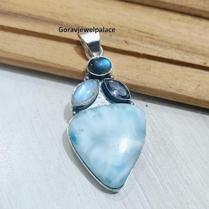 Handmade 925 Silver Larimar Pendant with Labradorite & Amethyst