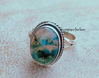 Handmade Moss Agate 925 Sterling Silver Band Ring