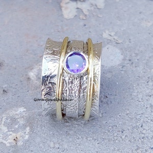 Amethyst Spinner Ring: Handmade 925 Sterling Silver Brass Meditation Jewelry