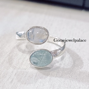 Verstellbarer Mondstein- und Aquamarinring, 925 Sterlingsilberring, Designer Bandring, Handgemachter Ring, Zwei Edelsteine Ring, Etsy Schmuck