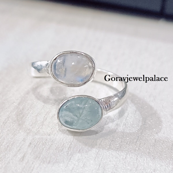 Adjustable Moonstone Aquamarine Ring: Handmade Sterling Silver Band