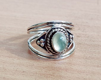 Handmade Oval Prehnite Ring: 925 Sterling Silver Band