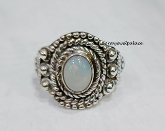 Handmade Oval Opal Ring: 925 Sterling Silver Boho Band