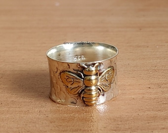 Brass Honeybee .925 Sterling Silver Band Ring