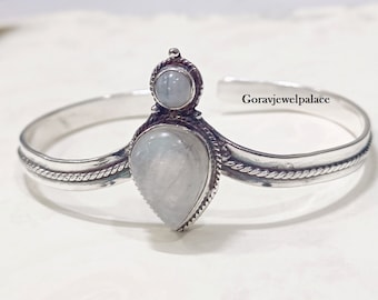 Adjustable Bangle, Moonstone Bangle, 925 Sterling Silver Bangle, Women And Girls Gift Bangle, Two Gemstone Designer Bangle,Boho Bangle