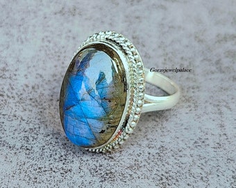 Handmade Blue Labradorite Ring: Black Onyx, 925 Sterling Silver Band