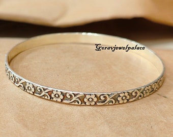 Handmade Sterling Silver Flower Bangle: Boho Stacking Jewelry