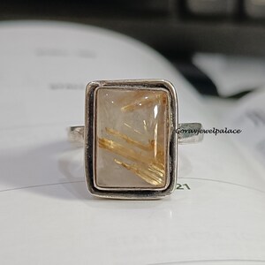 Handmade Golden Rutile Quartz Ring: 925 Sterling Silver Band