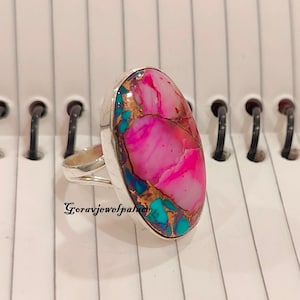 Pink Copper Turquoise Ring, Simple Band Ring, 925 Sterling Silver Ring, Handmade Ring, Silver Jewelry, Engagement Gift Ring, Oval Stone Ring