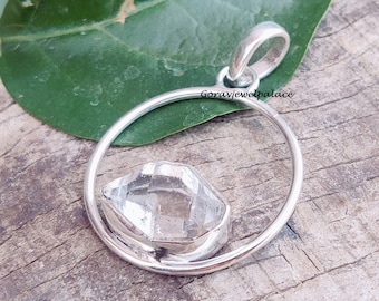 Handmade Circle Herkimer Diamond Pendant: 925 Sterling Silver Necklace