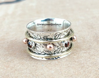 Garnet Spinner Ring: Handmade 925 Sterling Silver, Copper Worry Ring