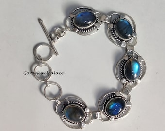 Handgefertigtes Fünfstein-Labradorit-Armband: 925 Sterlingsilber-Verschluss