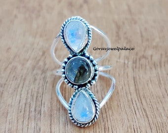 Anello con pietra di luna, anello in argento sterling 925, anello fatto a mano, anello a fascia, anello con pietra preziosa, pietra a forma di pera, anello di design, gioielli da donna, anello con labradorite.