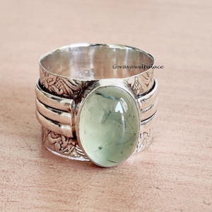 Prehniet ring, 925 sterling zilveren ring, handgemaakte ring, bandring, vrouwen sieraden, ovale stenen ring, cadeau sieraden, Boho ring, prehniet sieraden.