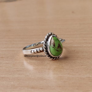 Green Copper Turquoise Ring, 925 Sterling Silver Ring, Handmade Ring,Simple Ring,Mini Ring,Lovely Ring, Pear Shape Ring,Women Jewelry.