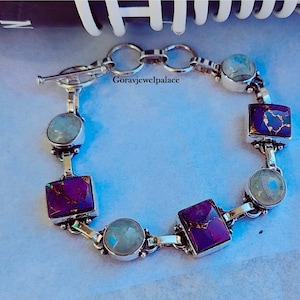 Paars koper Turquoise & Moonstone armband, 925 zilveren armband, damesarmband, nieuwste armband, designer armband, handgemaakte cadeauarmband afbeelding 1