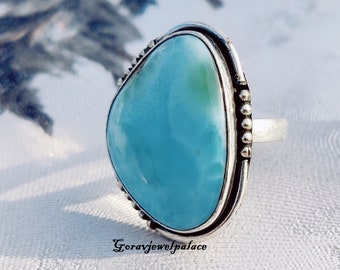 Natural Larimar Ring, Handmade Ring, Simple Band Ring, 925 Sterling Silver Ring, Designer Ring, Women Gift Jewelry, Summer Promise Ring,