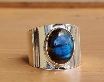 Belle bague en labradorite, bague en argent sterling 925, bague faite main, bague bohème, bague simple, bague femme, bague pierre bleue, article cadeau.