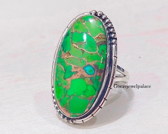 Designer Oval Green Copper Turquoise Ring, 925 Sterling Silver Ring, Handmade Ring, Women Gift Jewelry, Engagement Ring, Etsy Gemstone Ring,