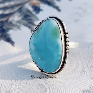 Natural Larimar Ring, Handmade Ring, Simple Band Ring, 925 Sterling Silver Ring, Designer Ring, Women Gift Jewelry, Summer Promise Ring,