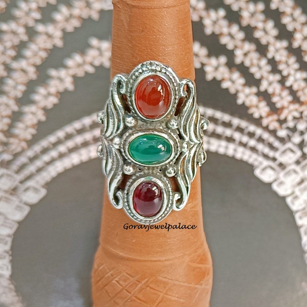 Ruby Ring, Designer Ring, 925 Sterling Silver Ring, Carnelian Gift Ring, Handmade Ring, Events Ring, Green Onyx Ring, Three Stone Ring