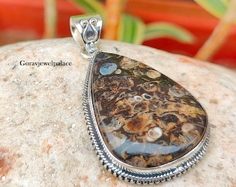 Pear Turritella Agate Pendant: Handmade 925 Sterling Silver Gemstone