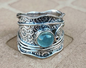 Aquamarine Ring, 925 Sterling Silver Ring, Designer Band Ring, Handmade Ring, Wedding Ring, Women Jewelry ,Events Gift Ring, Boho Ring