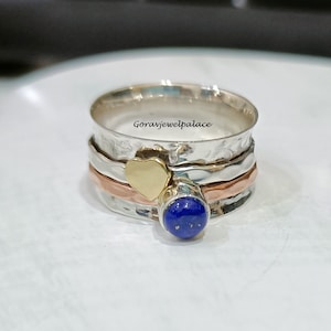 Lapis Lazuli Spinner Ring: Sterling Silver, Brass Heart, Meditation Ring