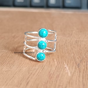 Handmade Turquoise Ring: Sterling Silver Three-Stone Boho Band