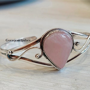 Rose Quartz Bangle, 925 Silver Bangle, Designer Bangle, Adjustable Open Cuff Bracelet, Ladies Bangle, Birthday Gift Jewelry, Pink Jewelry