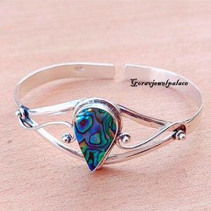 Pear Abalone 925 Silver Bangle - Adjustable Cuff