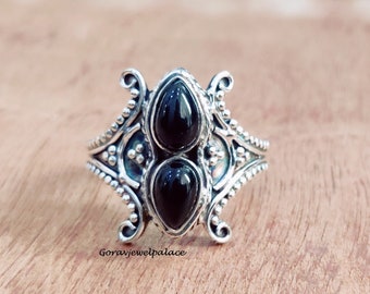 Black Onyx Ring, 925 Sterling Silver Ring, Handmade Ring, Band Ring, Two Stone Ring,Women Jewelry, Designer Ring, Boho Ring, Pear Stone.