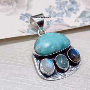 Larimar & Labradorite Pendant, 925 Sterling Silver Pendant, Designer Pendant, Handmade Gift Pendant, Necklace For Women, Moonstone Jewelry