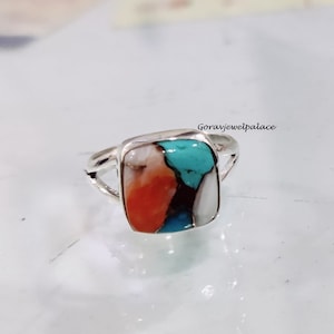 Oyster Copper Turquoise Ring: Handmade 925 Sterling Silver Band