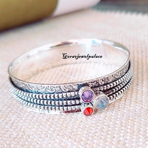 Moonstone With Amethyst Spinner Bangle, 925 Sterling Silver Bangle, Garnet Bracelet, Three Stone Designer Gift Bangle, Women Handmade Bangle